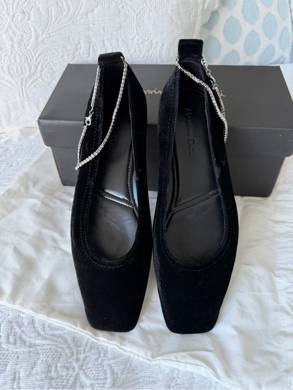 Massimo Dutti Black Velvet Ballet Flats with Rhinestone Strap, NEW, size USA 7.5